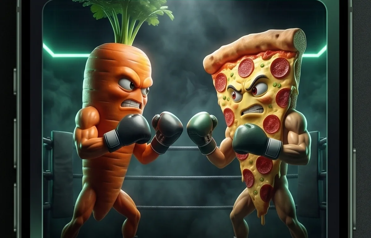 A carrot and a pizza boxing in a ring – Kaloria illustration
