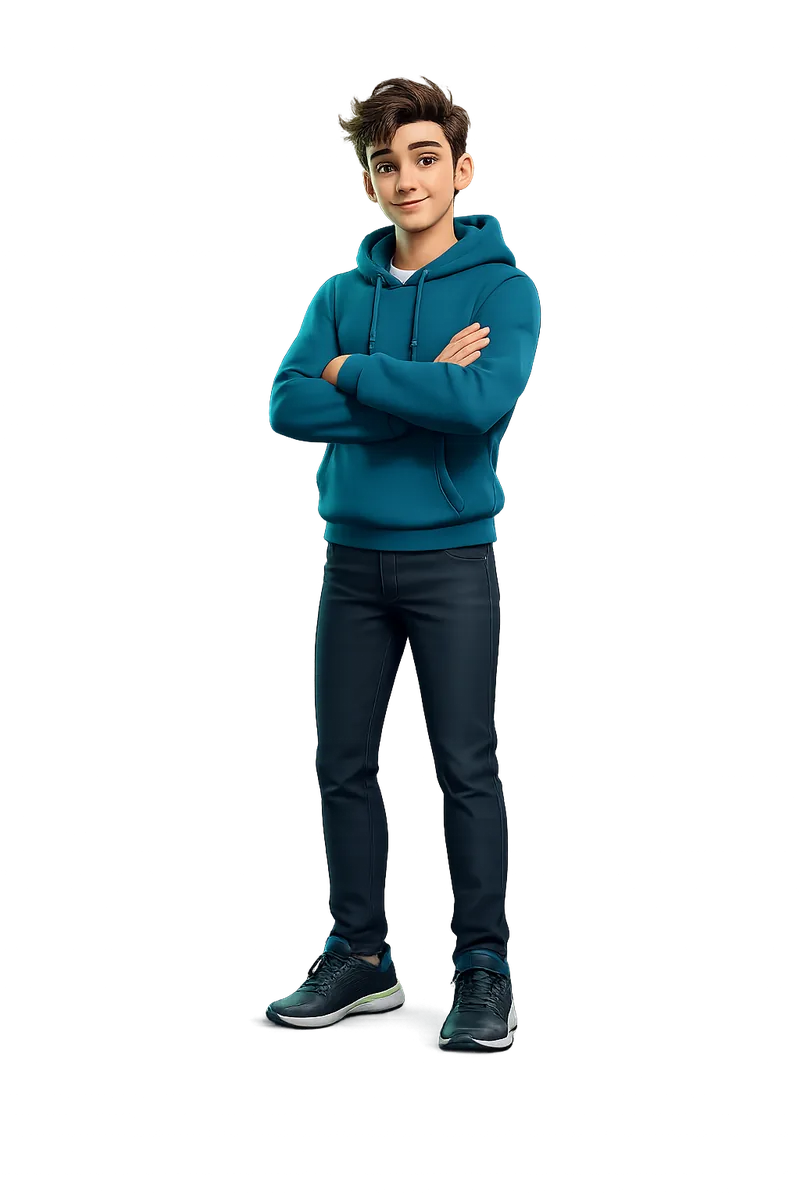 Kalo, Kaloria's AI coach – a young man in a blue hoodie