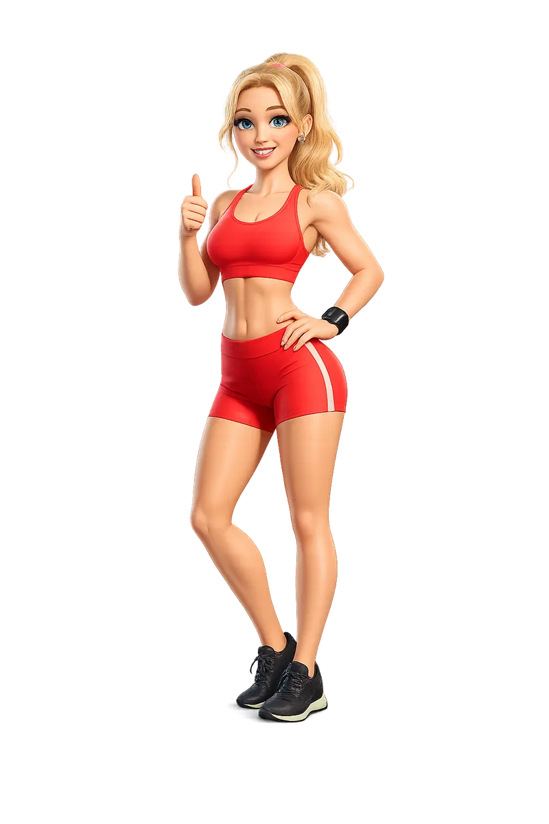 Ria, Kaloria's AI coach – a blonde woman in a red sports top giving a thumbs-up