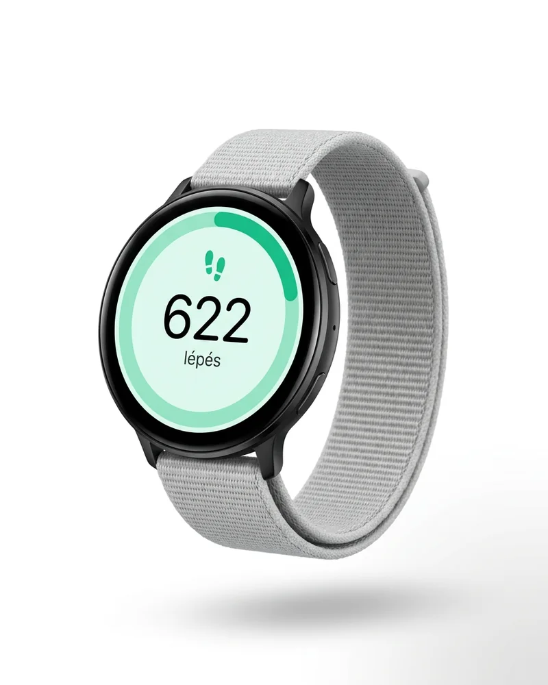 Round Wear OS smartwatch showing a step count