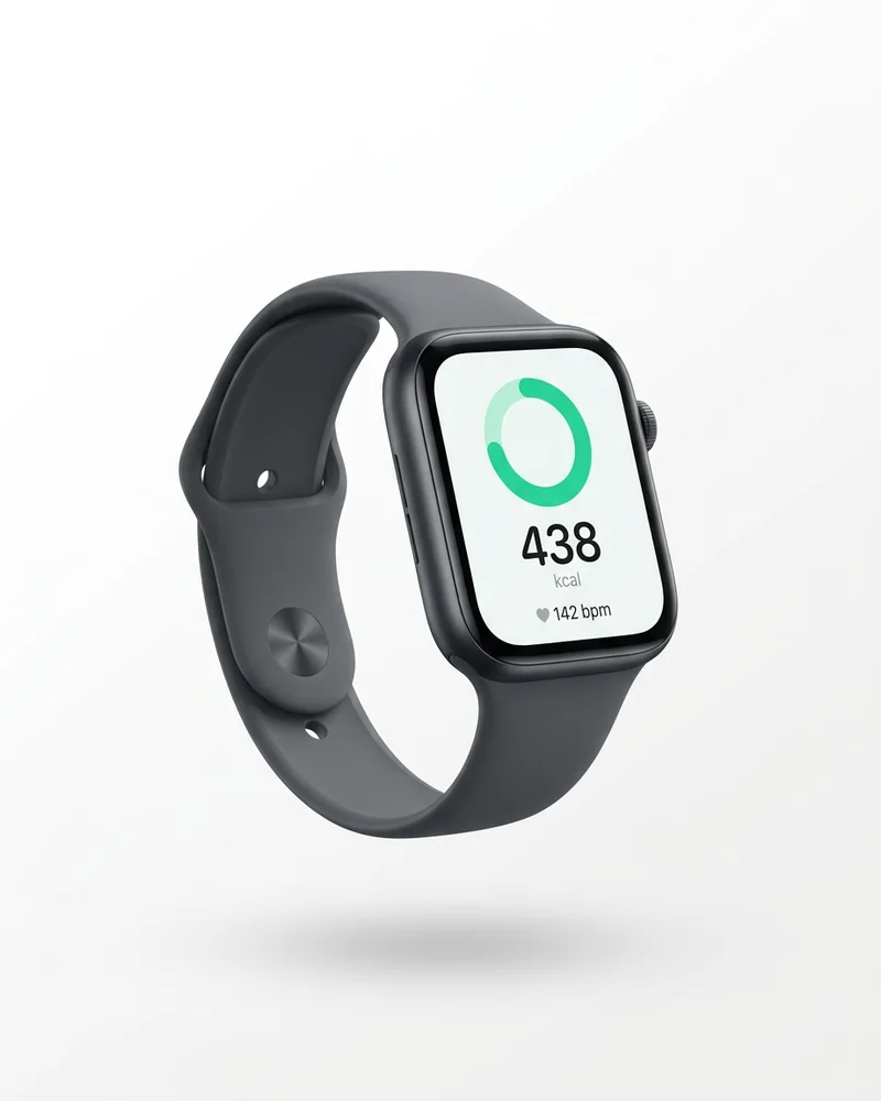 Square smartwatch showing a workout: 438 kcal, 142 bpm