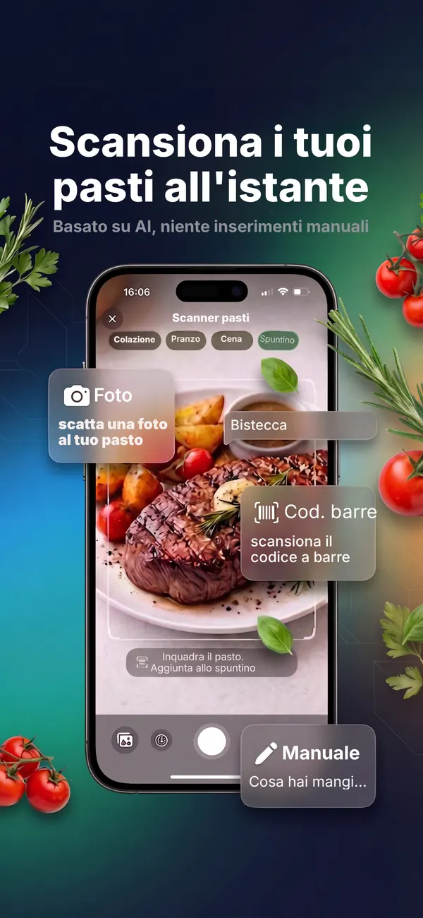 Scanner dei pasti di Kaloria: foto, codice a barre o inserimento manuale