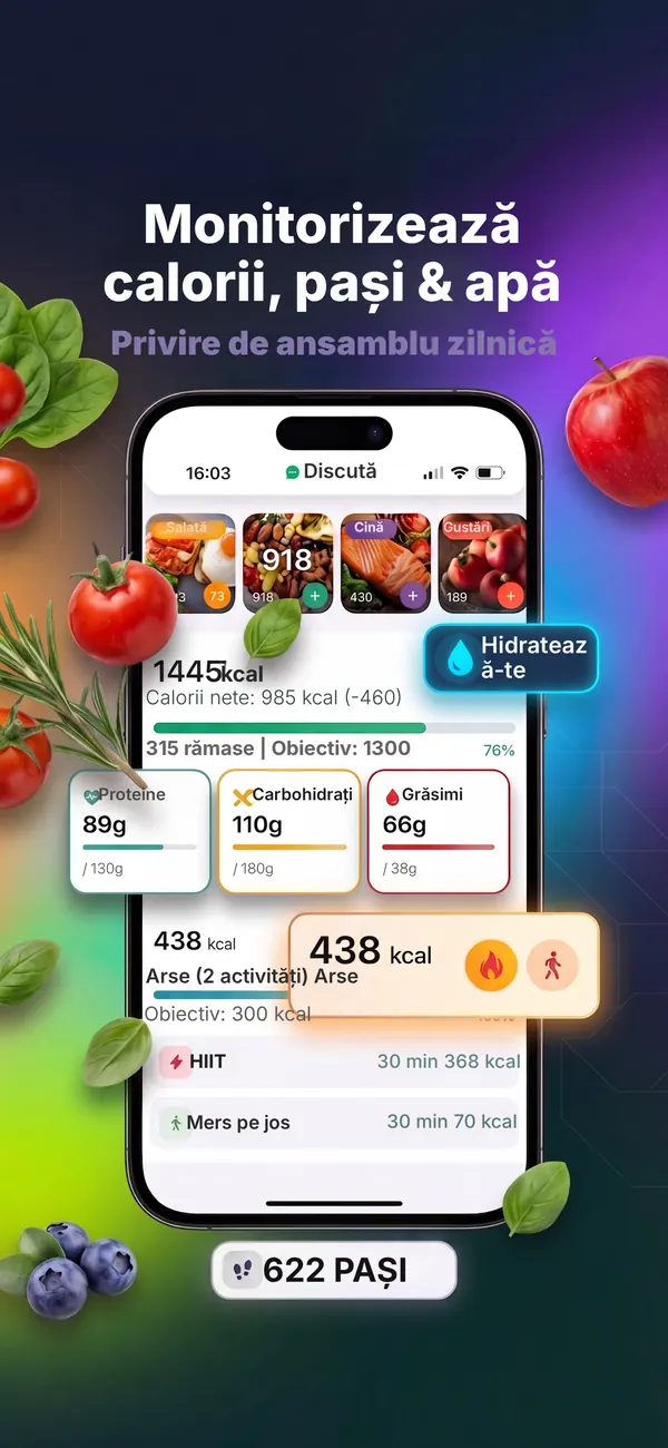 Prezentarea zilnică Kaloria cu calorii, pași și apă