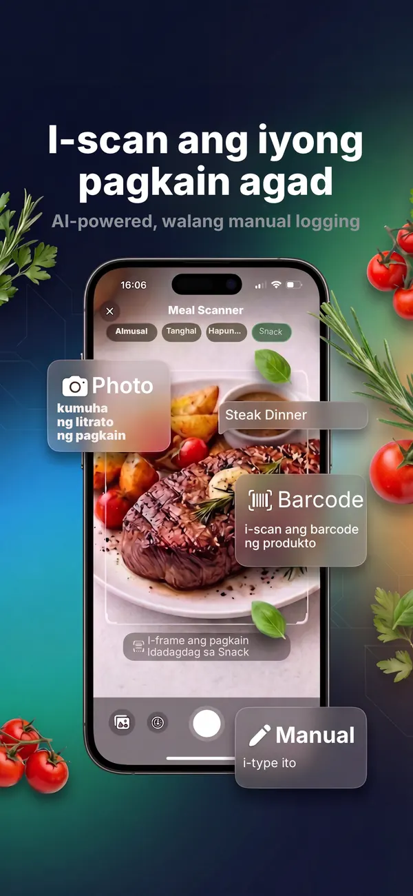 Meal scanner ng Kaloria: litrato, barcode o manual na pagpasok