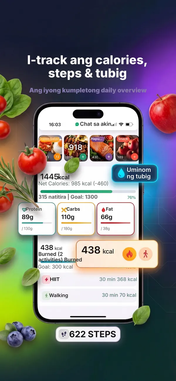 Pang-araw-araw na buod ng Kaloria na may calories, hakbang at tubig